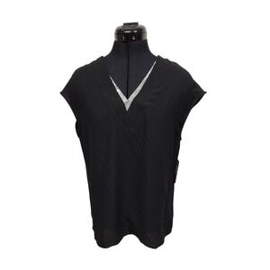 Vince Camuto Black Sleeveless V Neck Rhinestone Trim Top Blouse Shirt Size S